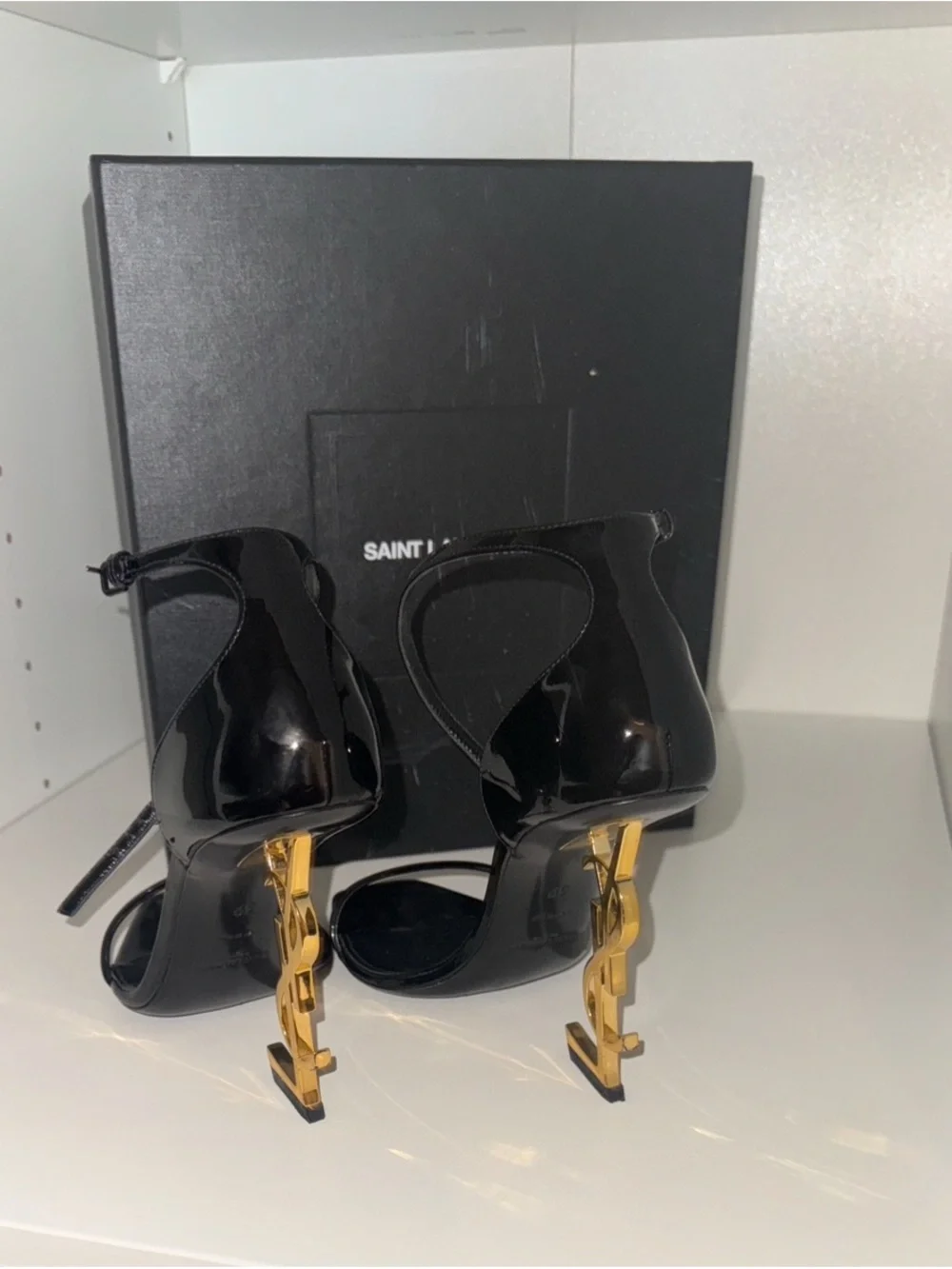Saint Laurent Black Patent Leather Stiletto Sandals with Gold Accent - Picture 4 of 9